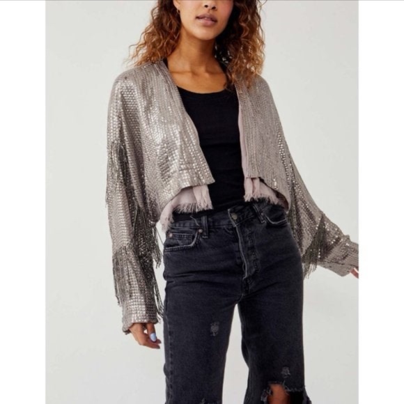 Free People Sea Urchin Sequin Fringe Jacket Shrug-XL-$368 - Picture 3 of 5